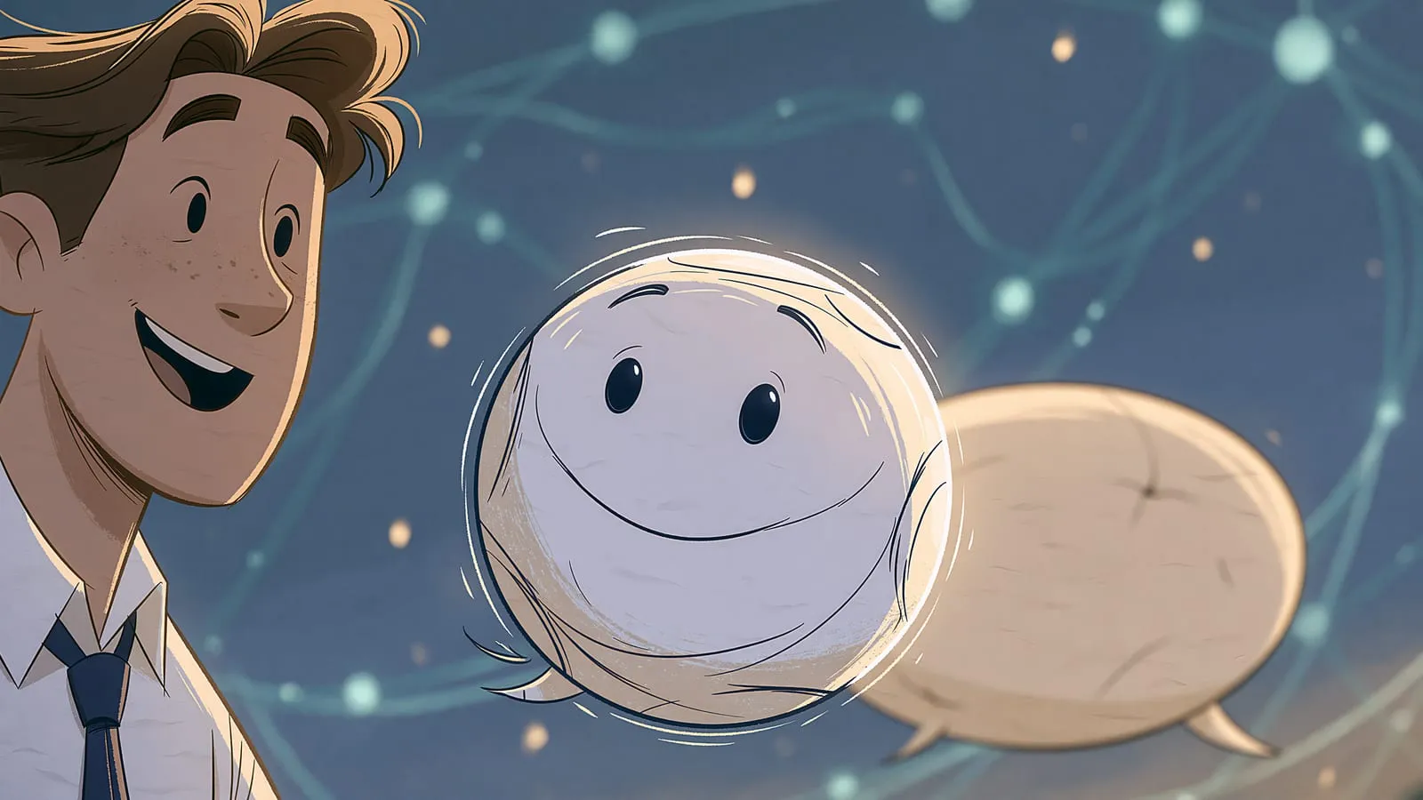 Ikona osoby i przyjazny orb AI spotykają się w dwóch dymkach rozmowy